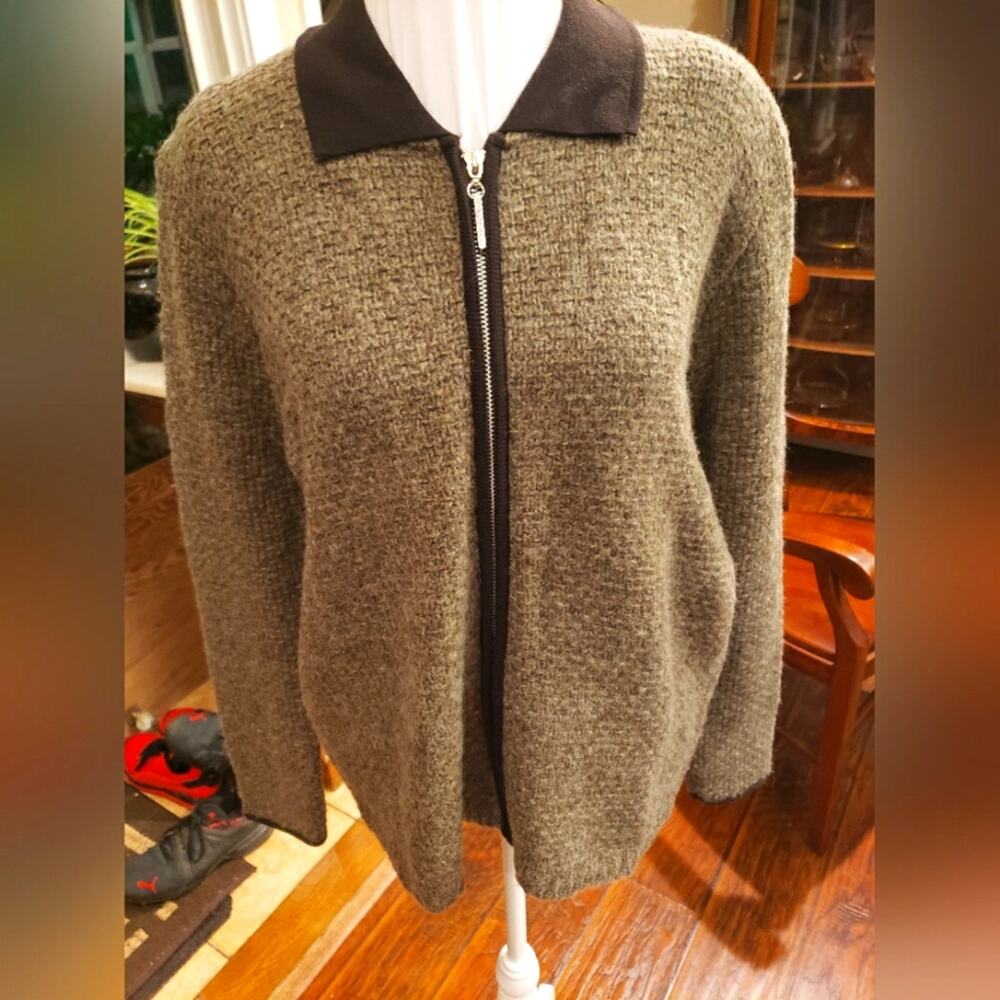 Karen Lessly Womens Large Full Zip Cardigan Sweater Olive Brown Wool Blend USA